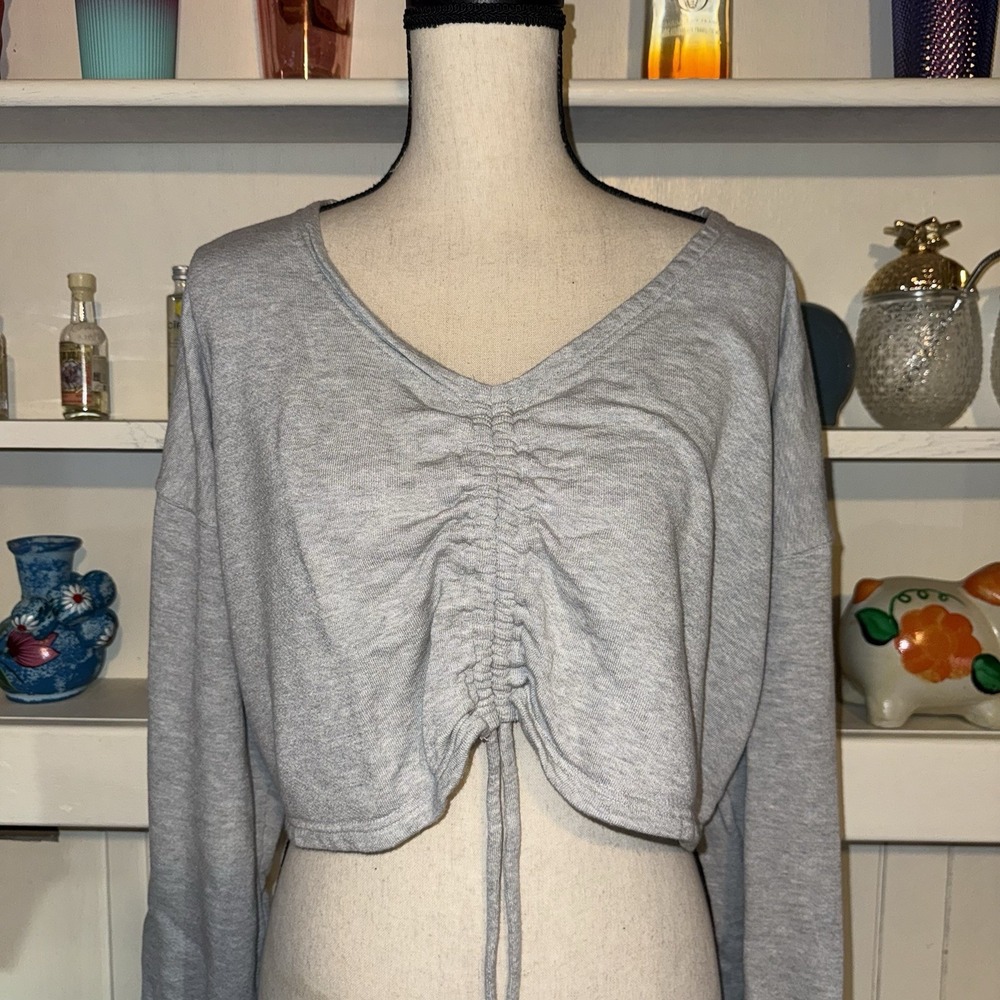 Aerie Offline Grey Front Ruched Cropped Slouchy Pullover Athletic Sweater Large